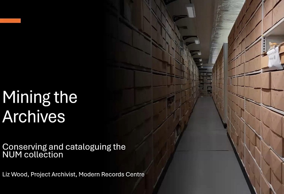 Screenshot from a talk on 'Mining the Archives', partially showing an image of an archive strongroom.